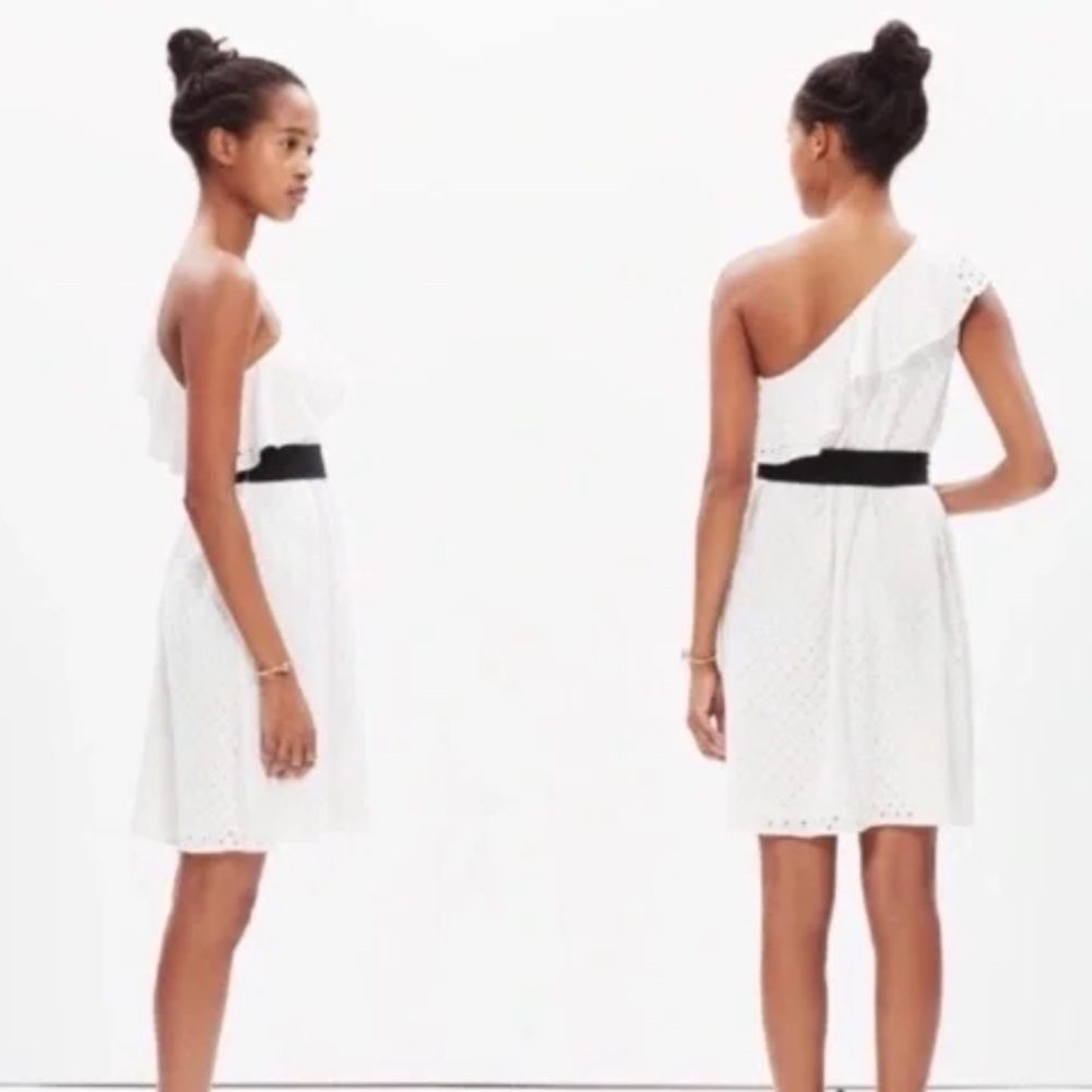 Madewell Montmartre White Eyelet One Shoulder Dress Black Waist Tie Medium - Picture 2 of 2